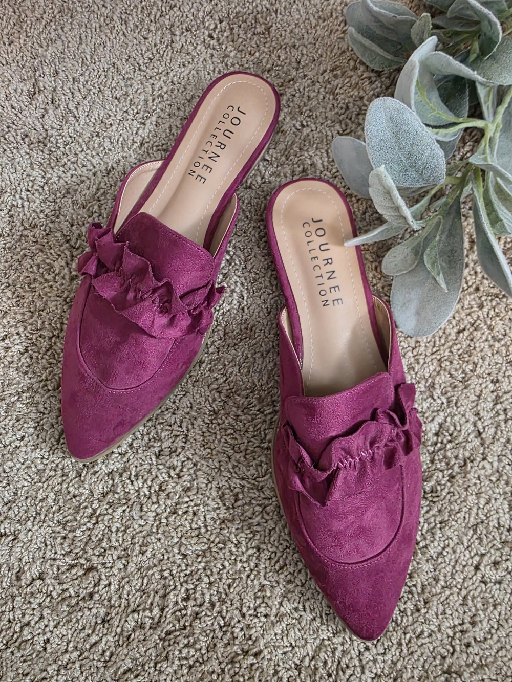 Journee Collection Ruffle Pointed Slip-On Mules in Magenta